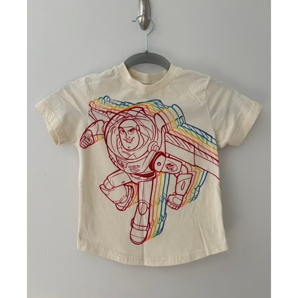 Disney Pixar Toy Story Buzz Lightyear Rainbow Graphic Tee Cream Kids XS